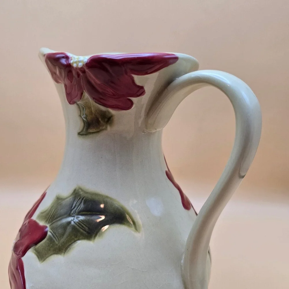 Christmas Poinsettia Ceramic Pitcher Red Green‎ Holiday Floral Serving Vase 8.5